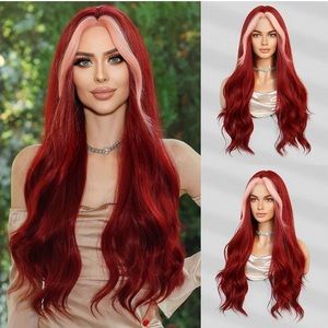Long Wavy Wine Red Wigs Pink Skunk Stripe Synthetic Wig Middle Part Curly Wavy